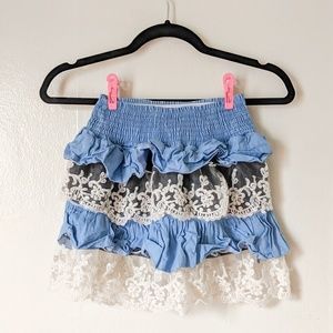 Blue Lace Up Ruffle Short Skirt